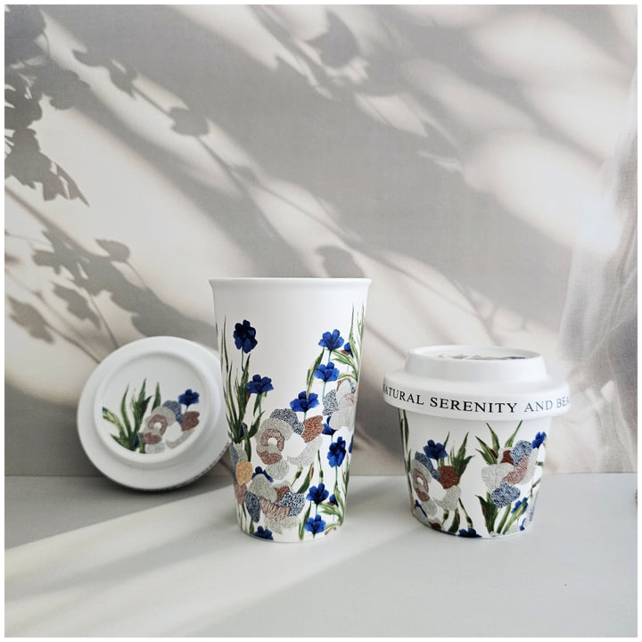 Porcelain - Coffee &amp; Tea Tumbler Set with Cookie Holder/Coaster/Lid in a Gift Set Box - Mid Summer Night