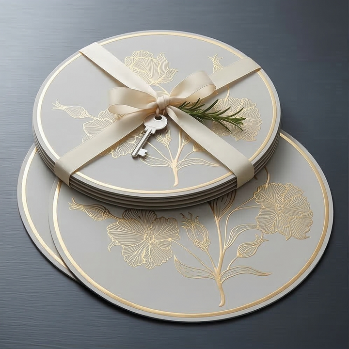 WIPE CLEAN TABLEMATS/PLACEMATS S6 - ROUND - WHITE &amp; GOLD - ROSE