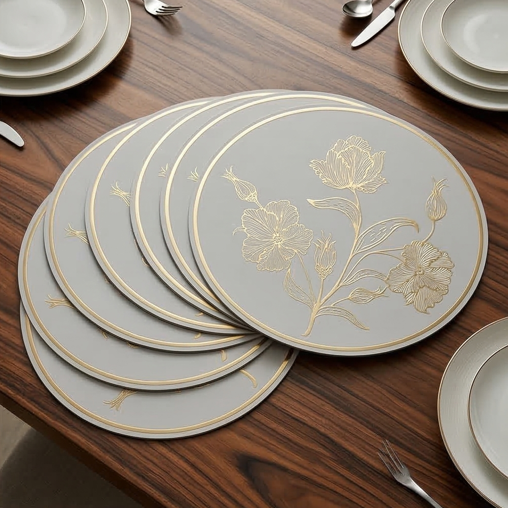 WIPE CLEAN TABLEMATS/PLACEMATS S6 - ROUND - WHITE &amp; GOLD - ROSE