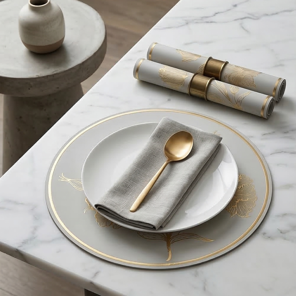 WIPE CLEAN TABLEMATS/PLACEMATS S6 - ROUND - WHITE &amp; GOLD - ROSE