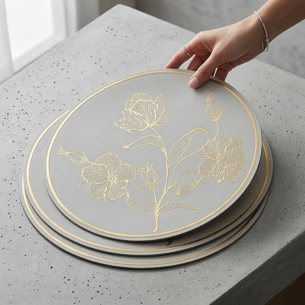 WIPE CLEAN TABLEMATS/PLACEMATS S6 - ROUND - WHITE &amp; GOLD - ROSE