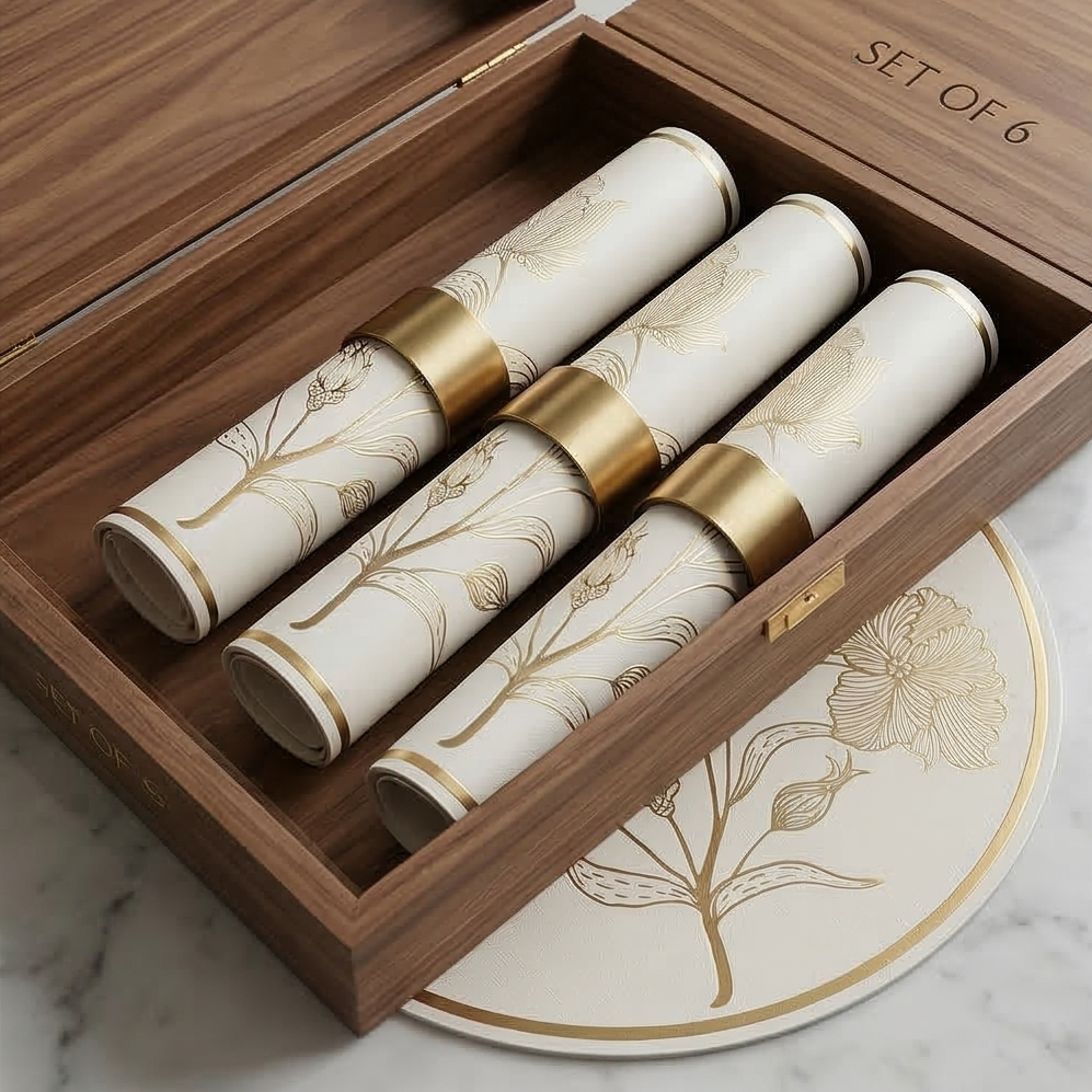 WIPE CLEAN TABLEMATS/PLACEMATS S6 - ROUND - WHITE &amp; GOLD - ROSE