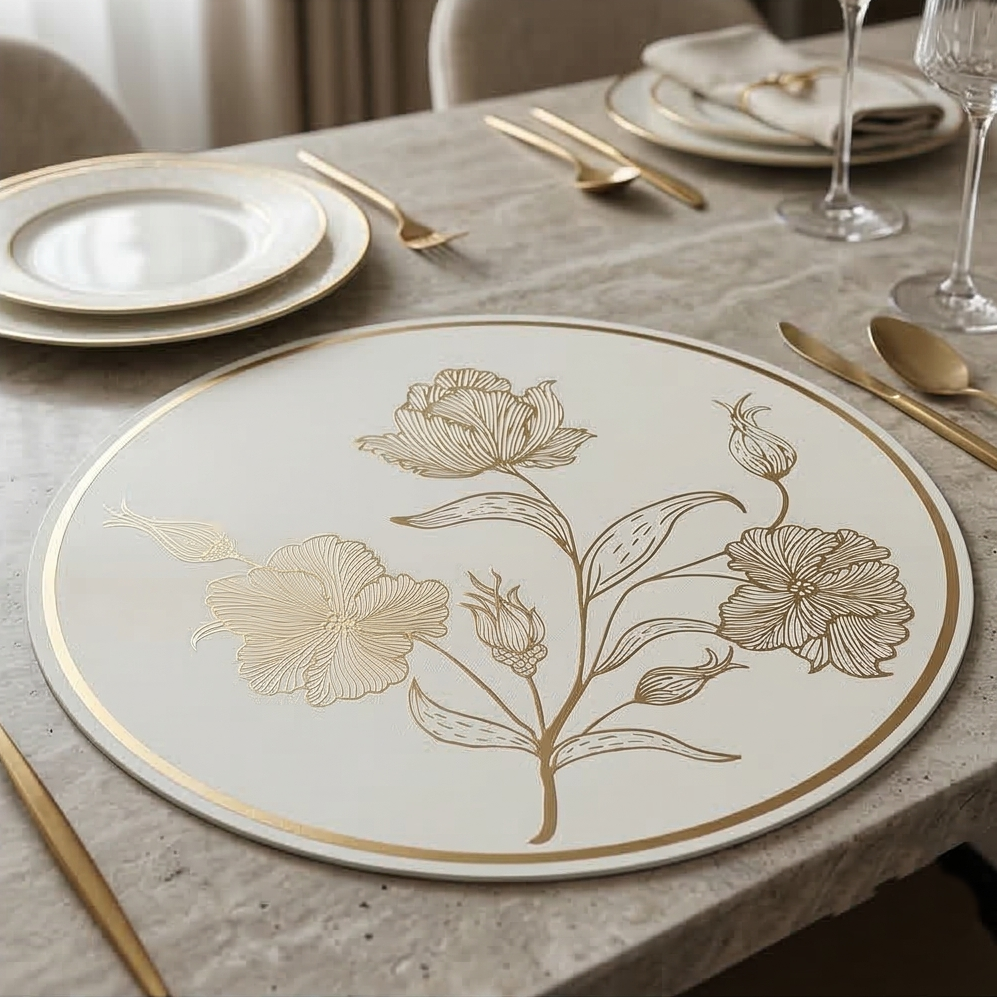 WIPE CLEAN TABLEMATS/PLACEMATS S6 - ROUND - WHITE &amp; GOLD - ROSE