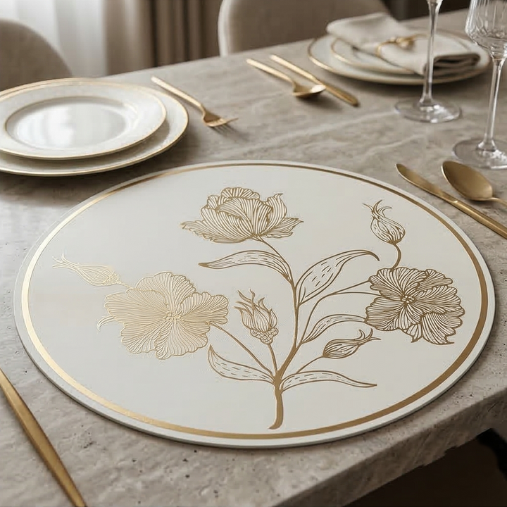 WIPE CLEAN TABLEMATS/PLACEMATS S6 - ROUND - WHITE &amp; GOLD - ROSE