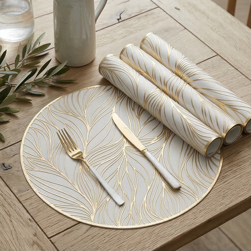 WIPE CLEAN TABLEMATS/PLACEMATS S6 - ROUND - WHITE &amp; GOLD - LEAF