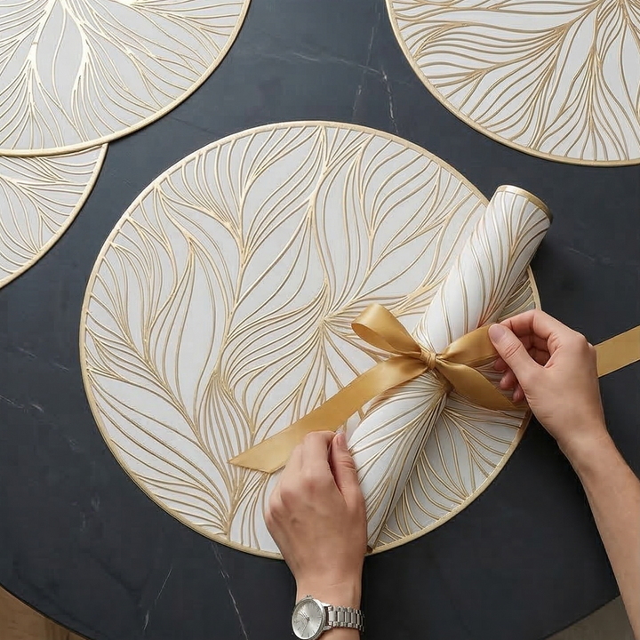 WIPE CLEAN TABLEMATS/PLACEMATS S6 - ROUND - WHITE &amp; GOLD - LEAF