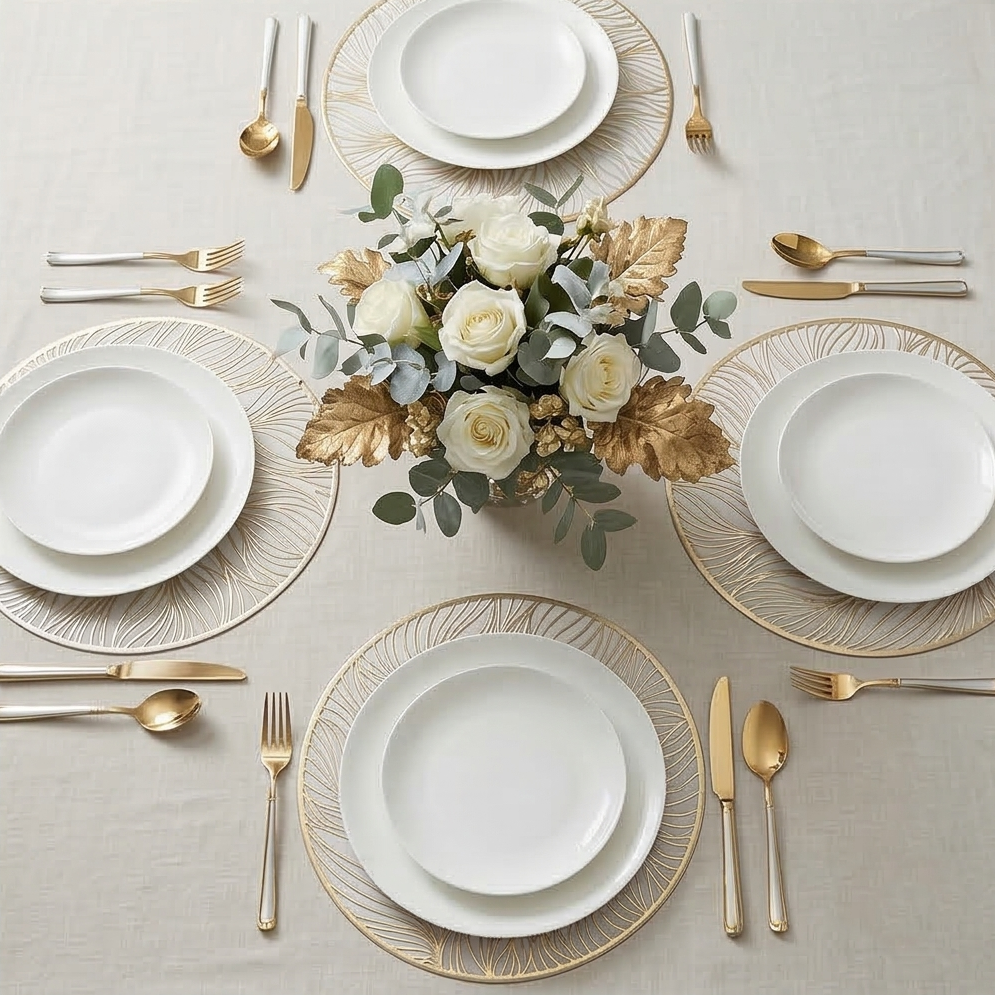 WIPE CLEAN TABLEMATS/PLACEMATS S6 - ROUND - WHITE &amp; GOLD - LEAF