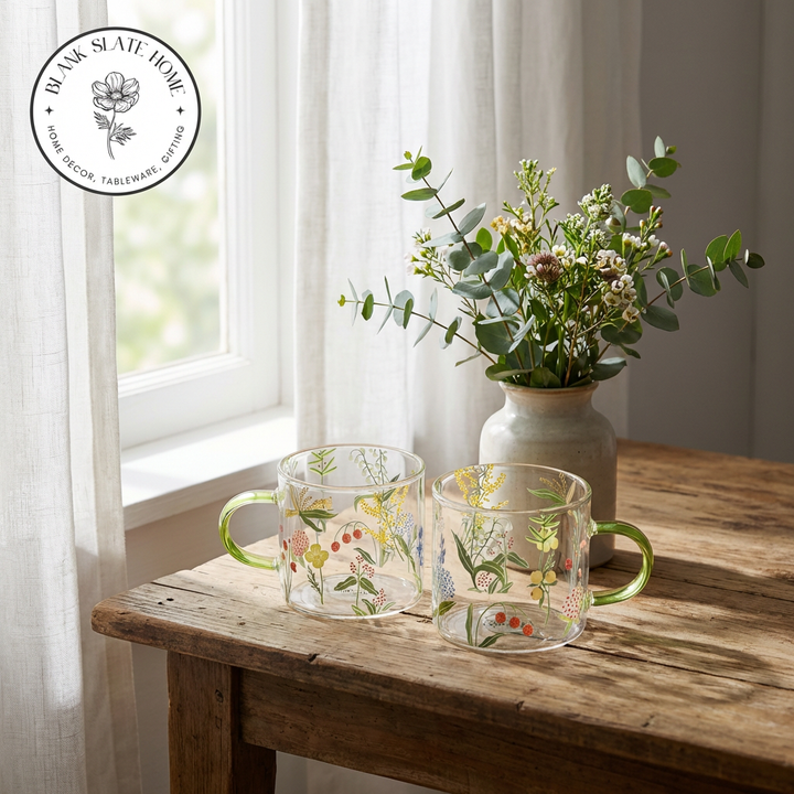 Glass Borosilicate - Tea Coffee Water Cup 90ml, Set of 2 - Floral Printed - Summer Floral