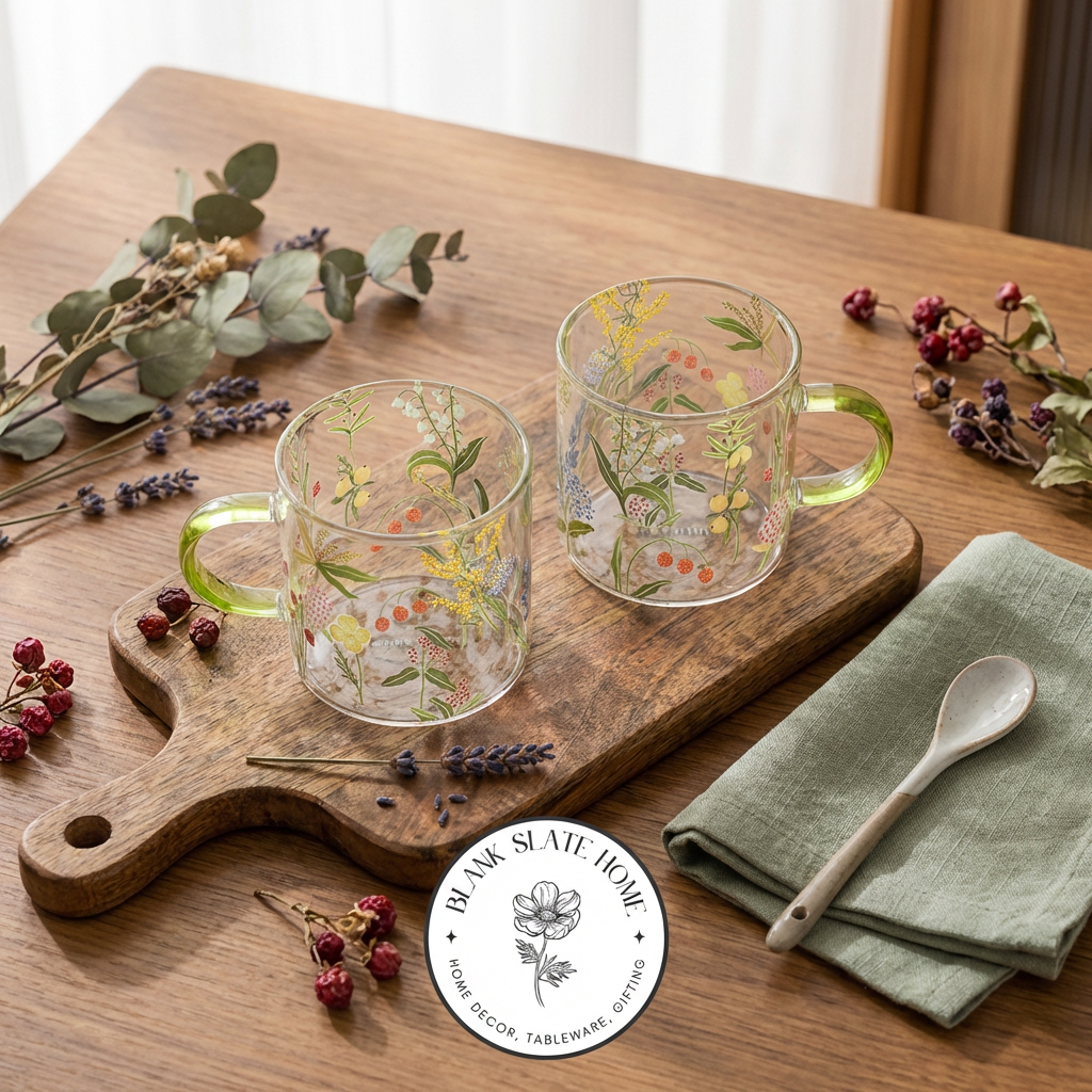 Glass Borosilicate - Tea Coffee Water Cup 90ml, Set of 2 - Floral Printed - Summer Floral