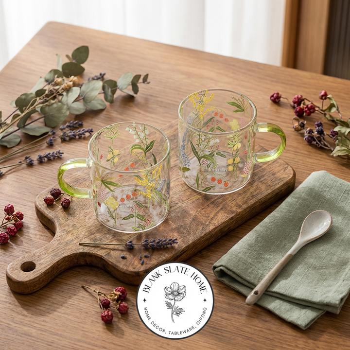 Glass Borosilicate - Tea Coffee Water Cup 90ml, Set of 2 - Floral Printed - Summer Floral