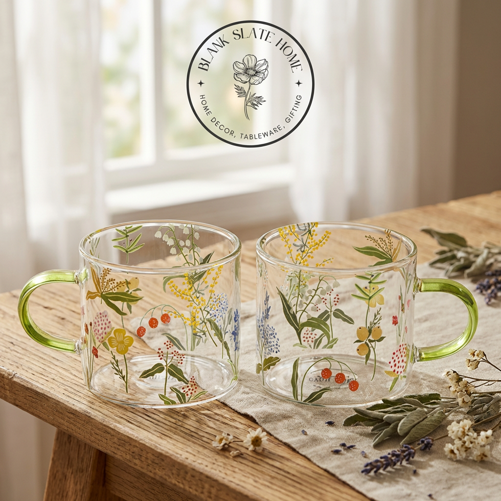 Glass Borosilicate - Tea Coffee Water Cup 90ml, Set of 2 - Floral Printed - Summer Floral