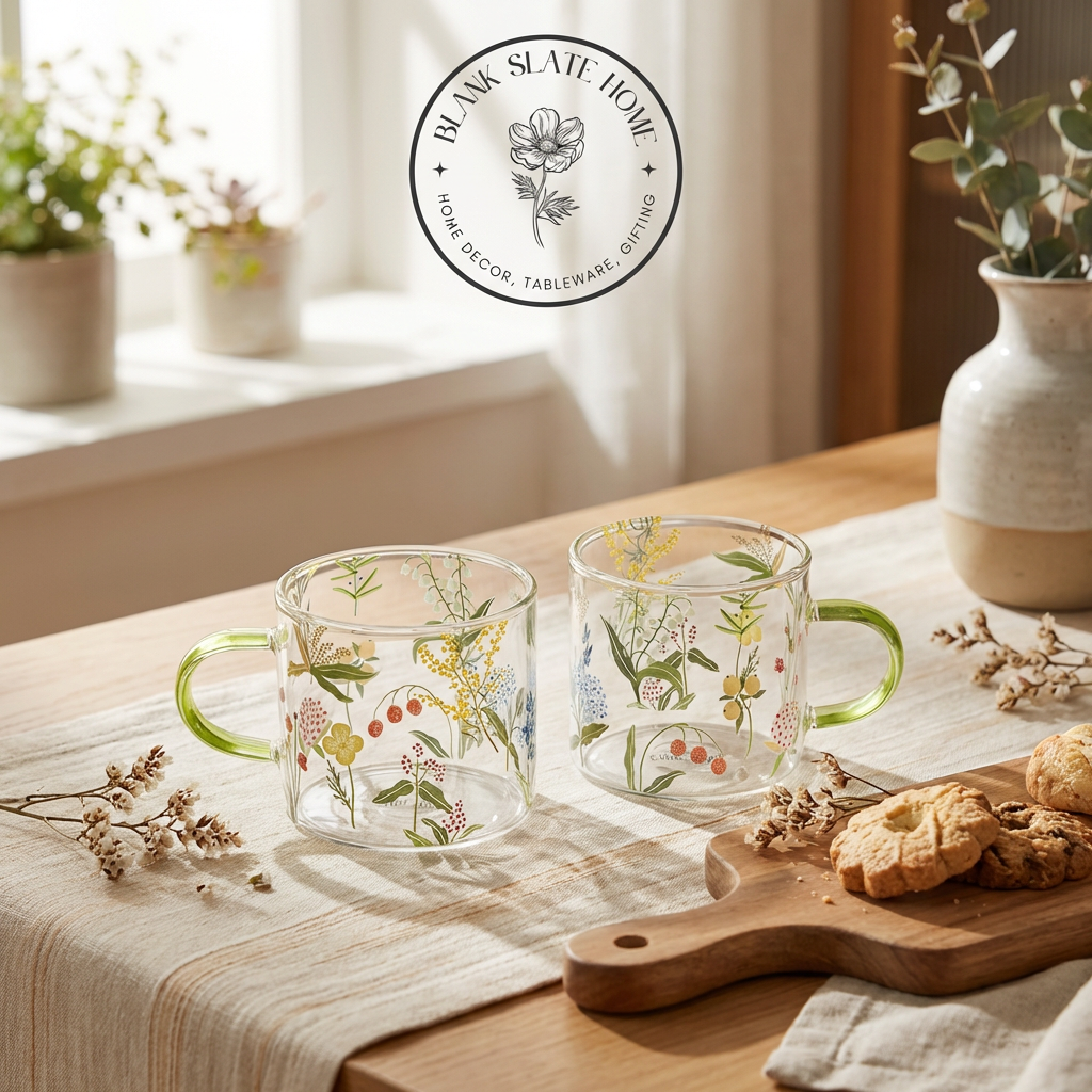 Glass Borosilicate - Tea Coffee Water Cup 90ml, Set of 2 - Floral Printed - Summer Floral