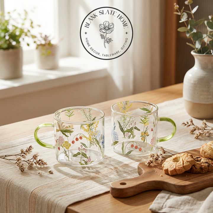 Glass Borosilicate - Tea Coffee Water Cup 90ml, Set of 2 - Floral Printed - Summer Floral