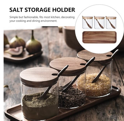 Glass - Spice Jar Condiment Set (Coffee Tea Sugar) - 3 Airtight Jars with Wooden Spoon & Tray