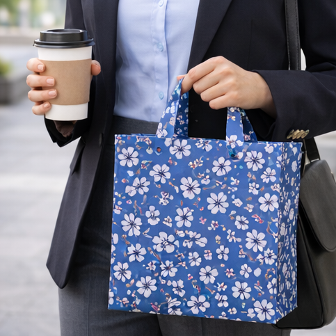 Lunch Bag - Blue with White Medley of Flowers