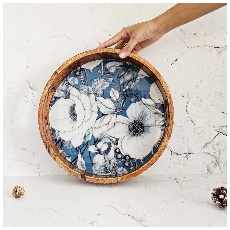 SERVING TRAY WITH HANDLE CUTS - ROUND - BLUE HIBISCUS