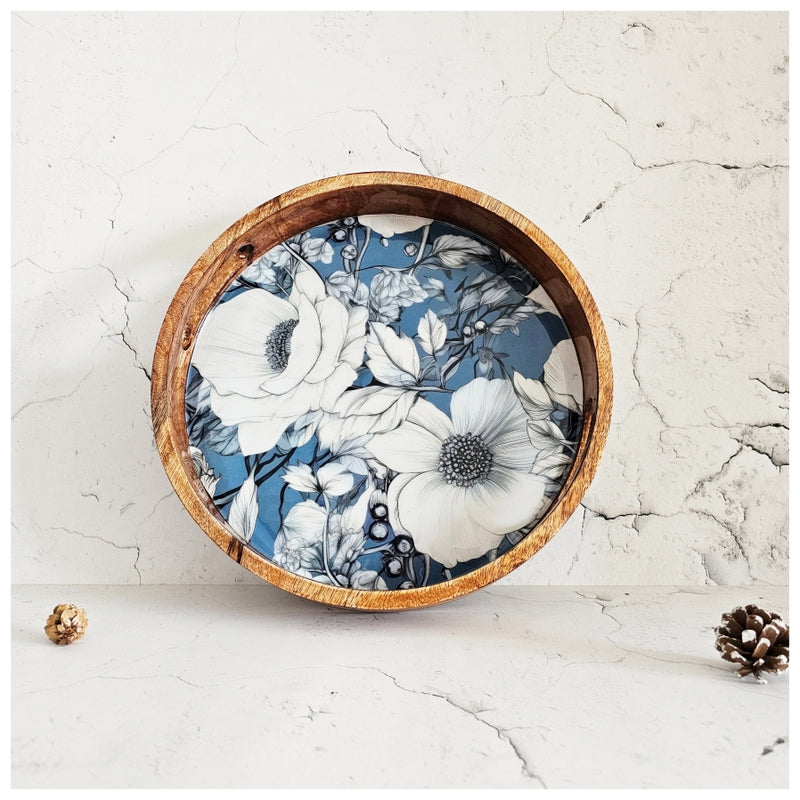 SERVING TRAY WITH HANDLE CUTS - ROUND - BLUE HIBISCUS