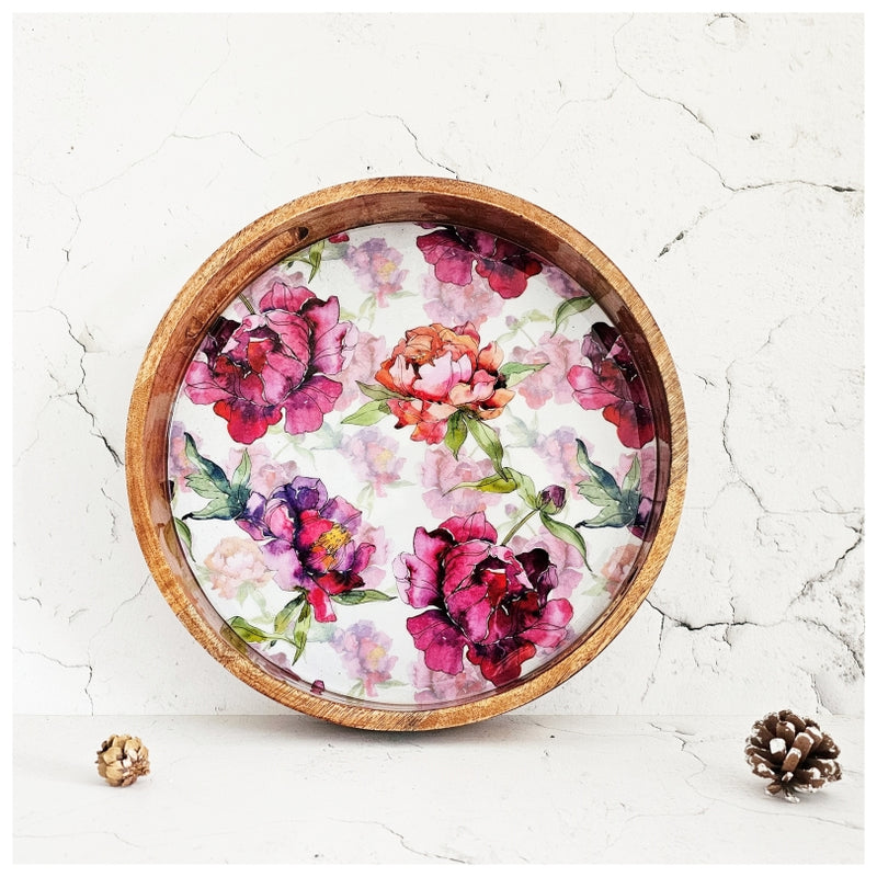 SERVING TRAY WITH HANDLE CUTS - ROUND - COUNTRY ROSE