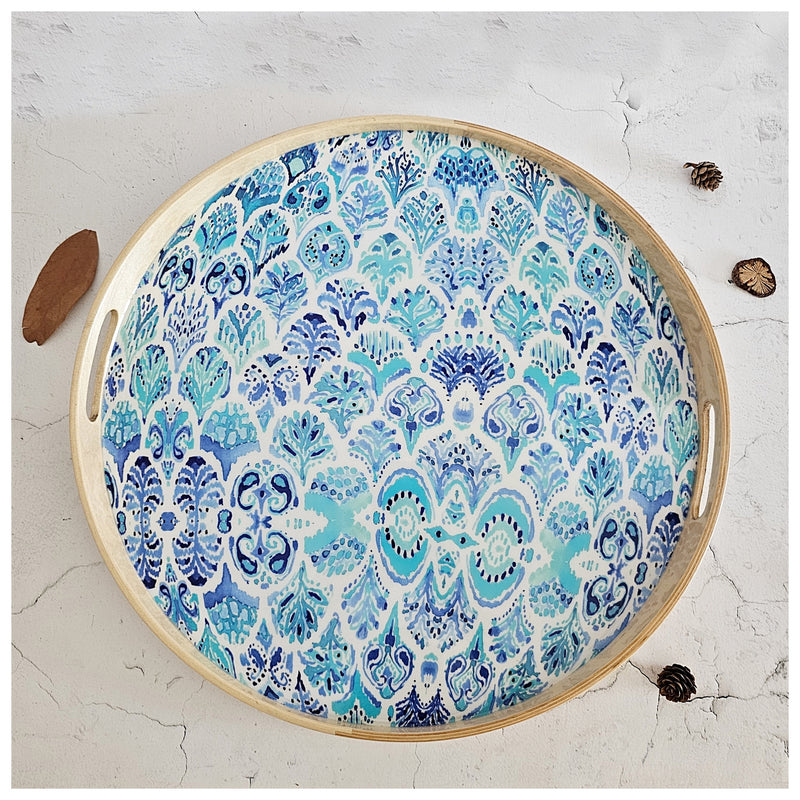 SERVING TRAY WITH HANDLE CUTS - ROUND - IKAT SKY