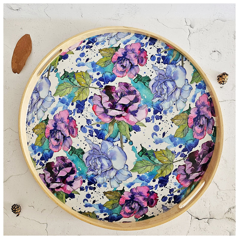 SERVING TRAY WITH HANDLE CUTS - ROUND - IRIS BLOOM
