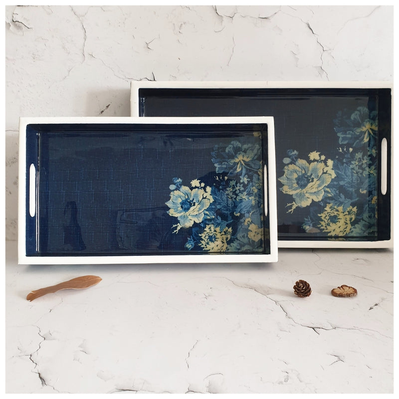 SERVING TRAY - RECTANGLE  - Set of 2 - Denim Blue Floral