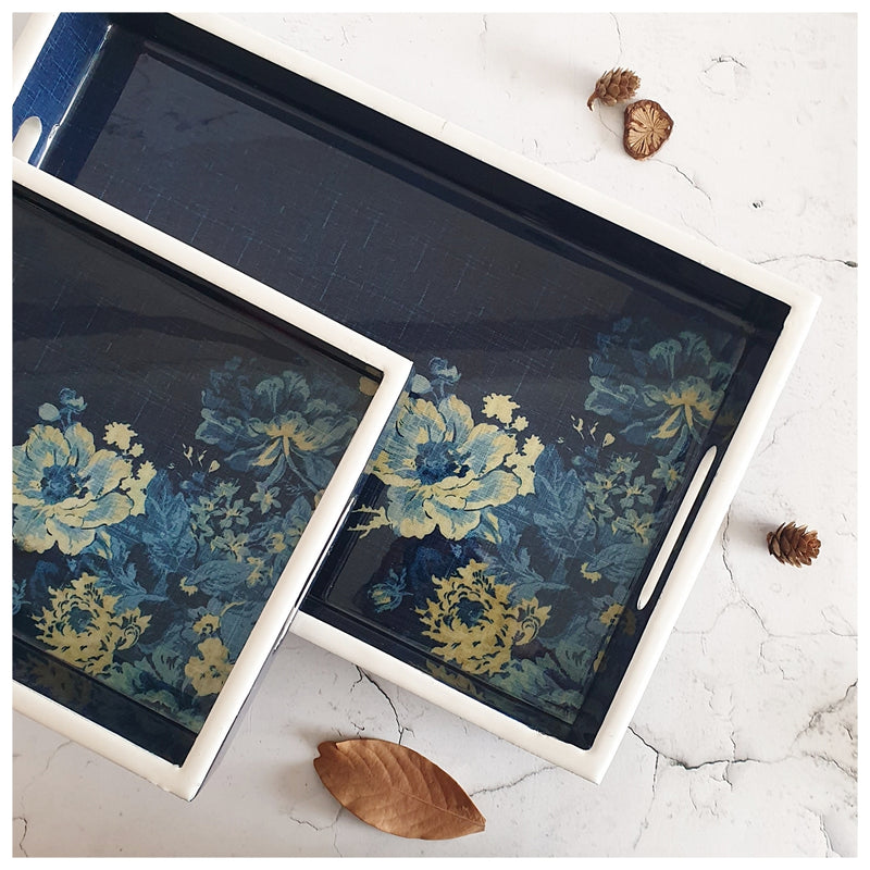 SERVING TRAY - RECTANGLE  - Set of 2 - Denim Blue Floral