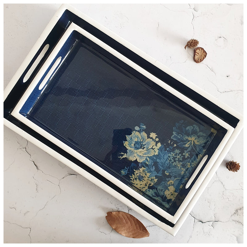 SERVING TRAY - RECTANGLE  - Set of 2 - Denim Blue Floral