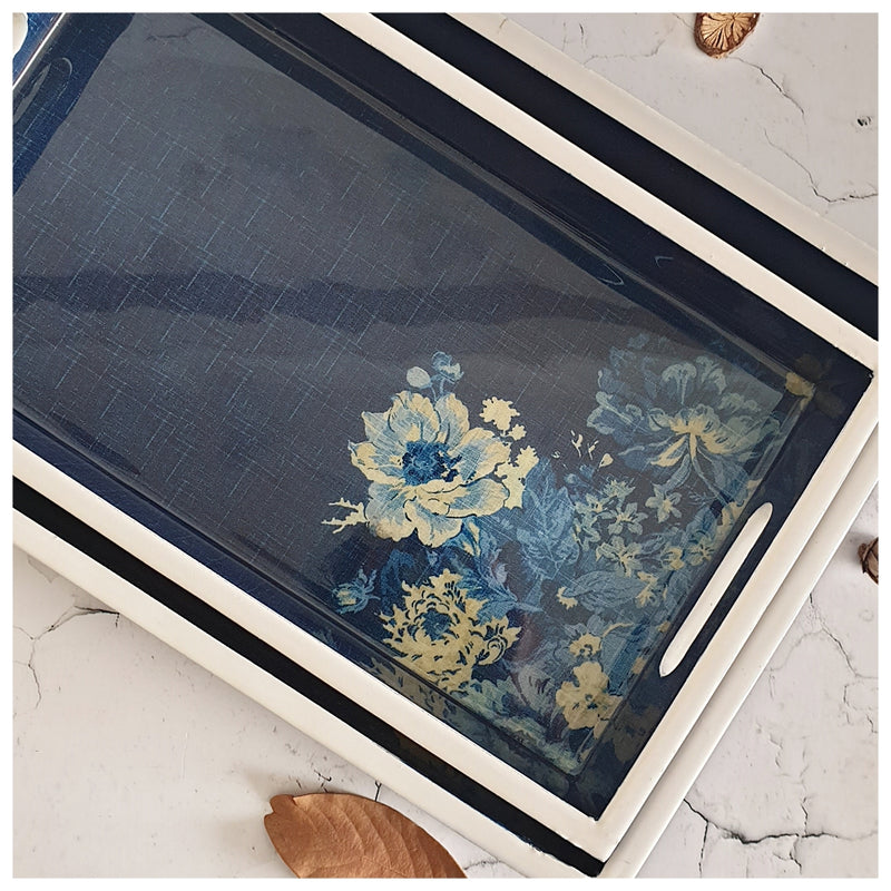 SERVING TRAY - RECTANGLE  - Set of 2 - Denim Blue Floral