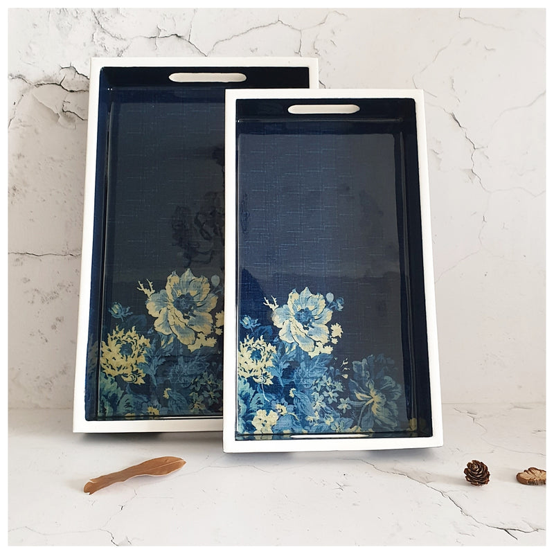 SERVING TRAY - RECTANGLE  - Set of 2 - Denim Blue Floral