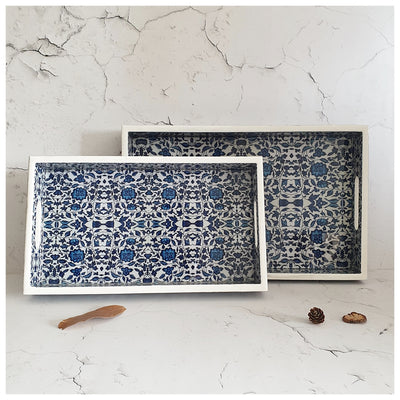 SERVING TRAY - RECTANGLE  - Set of 2 - Indigo Blue Floral