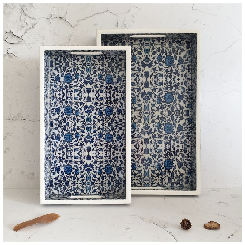 SERVING TRAY - RECTANGLE  - Set of 2 - Indigo Blue Floral