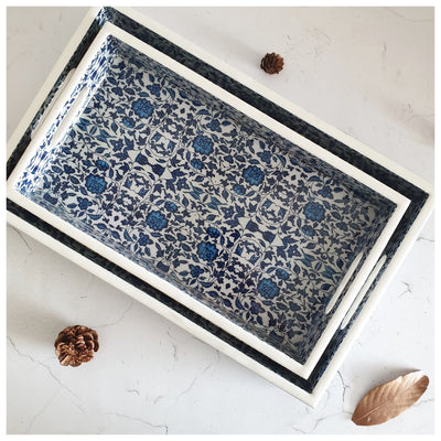 SERVING TRAY - RECTANGLE  - Set of 2 - Indigo Blue Floral