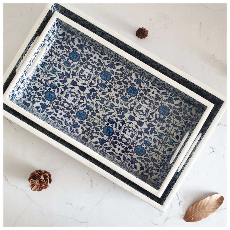 SERVING TRAY - RECTANGLE  - Set of 2 - Indigo Blue Floral