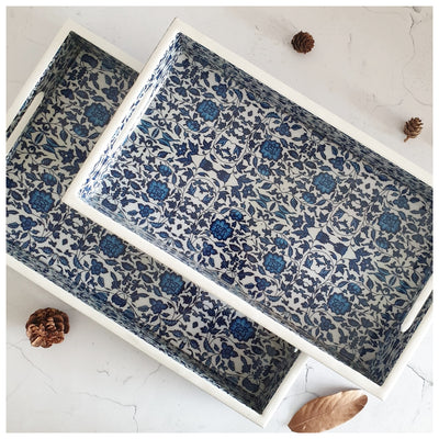 SERVING TRAY - RECTANGLE  - Set of 2 - Indigo Blue Floral