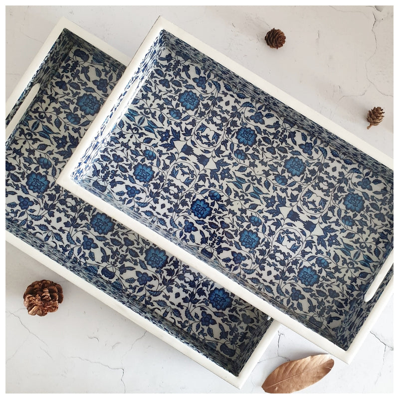 SERVING TRAY - RECTANGLE  - Set of 2 - Indigo Blue Floral