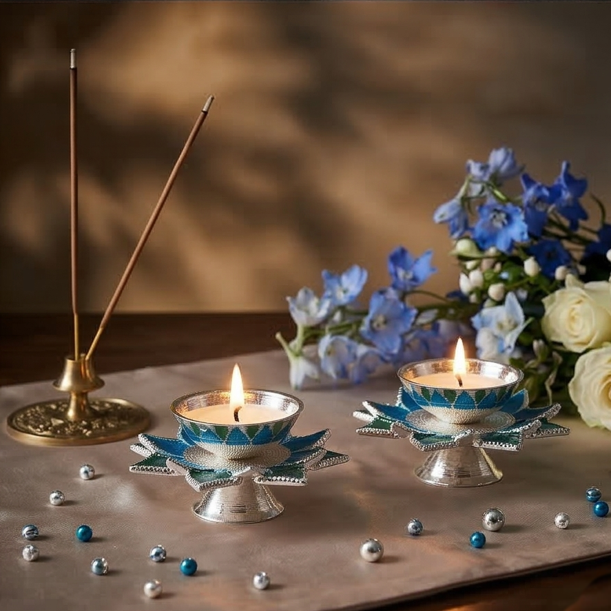 Diya - Silver Plated - Blue - Set of 2