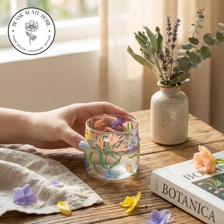 Glass Borosilicate - Tea Coffee Water Cup 340ml, Set of 2 - Floral Printed - Wild Flower