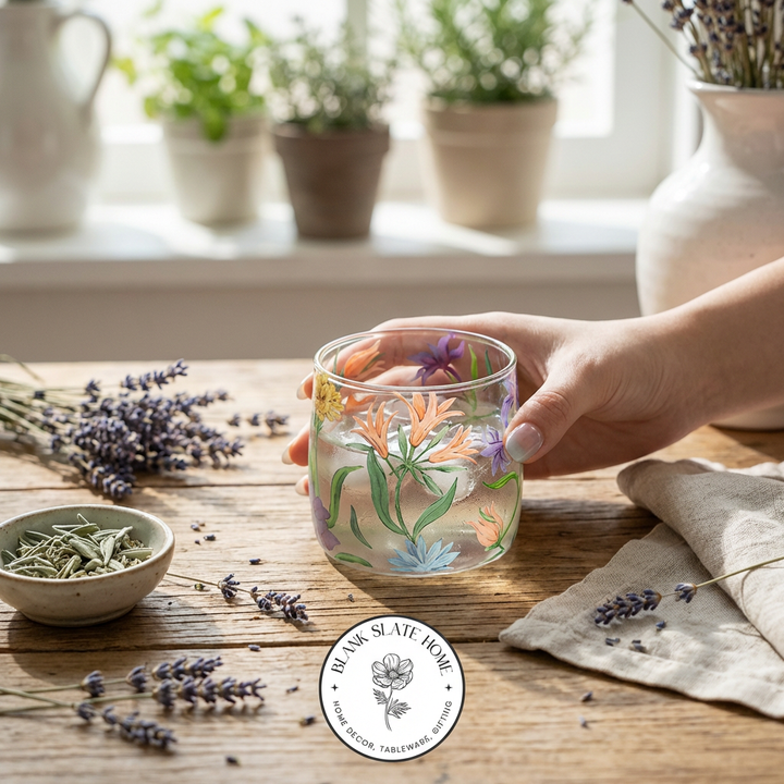 Glass Borosilicate - Tea Coffee Water Cup 340ml, Set of 2 - Floral Printed - Wild Flower