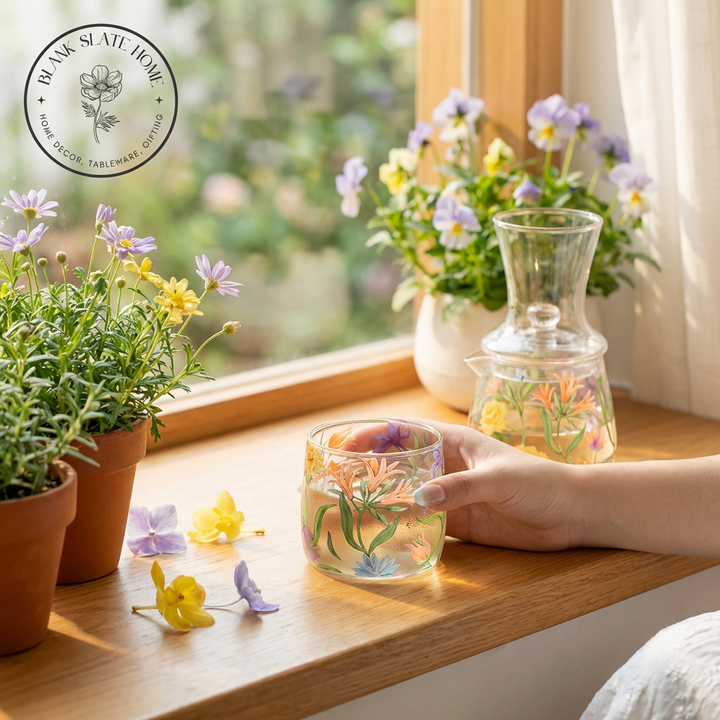 Glass Borosilicate - Tea Coffee Water Cup 340ml, Set of 2 - Floral Printed - Wild Flower
