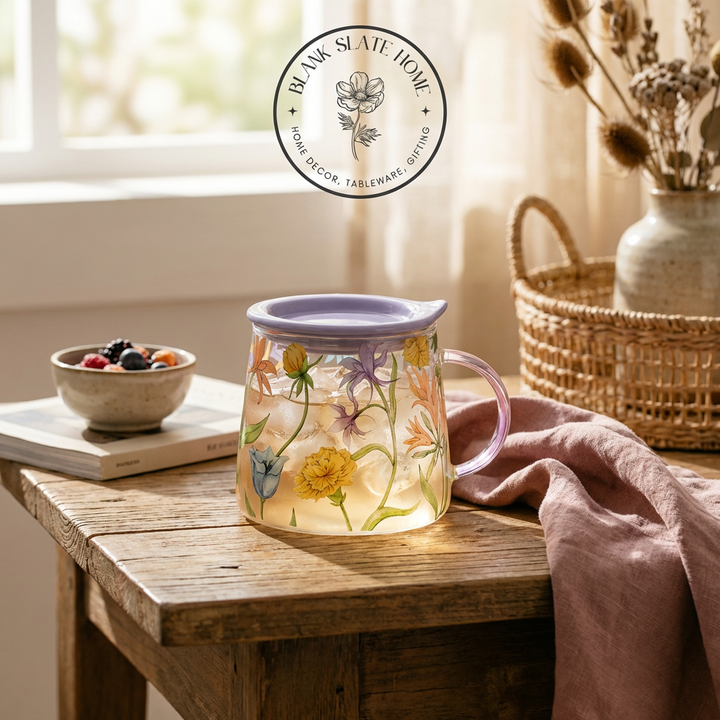 Glass Borosilicate - Tea Coffee Water Mug with Lid, Set of 2 - Floral Printed - Wild Flower