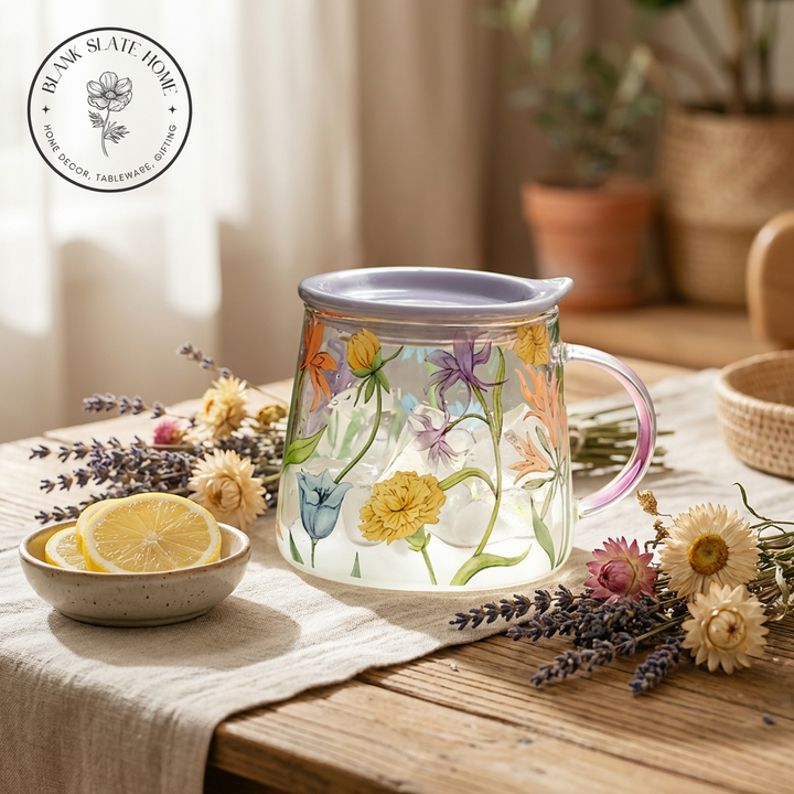 Glass Borosilicate - Tea Coffee Water Mug with Lid, Set of 2 - Floral Printed - Wild Flower
