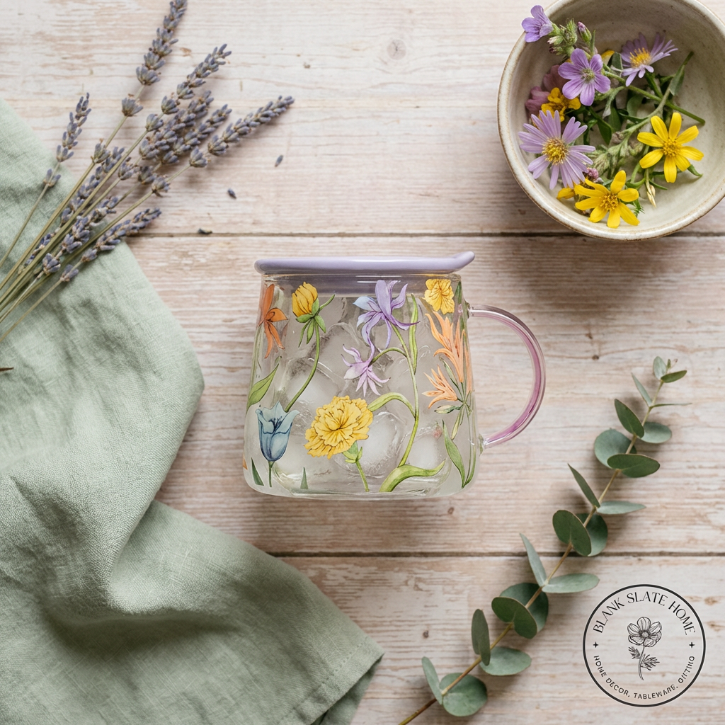 Glass Borosilicate - Tea Coffee Water Mug with Lid, Set of 2 - Floral Printed - Wild Flower