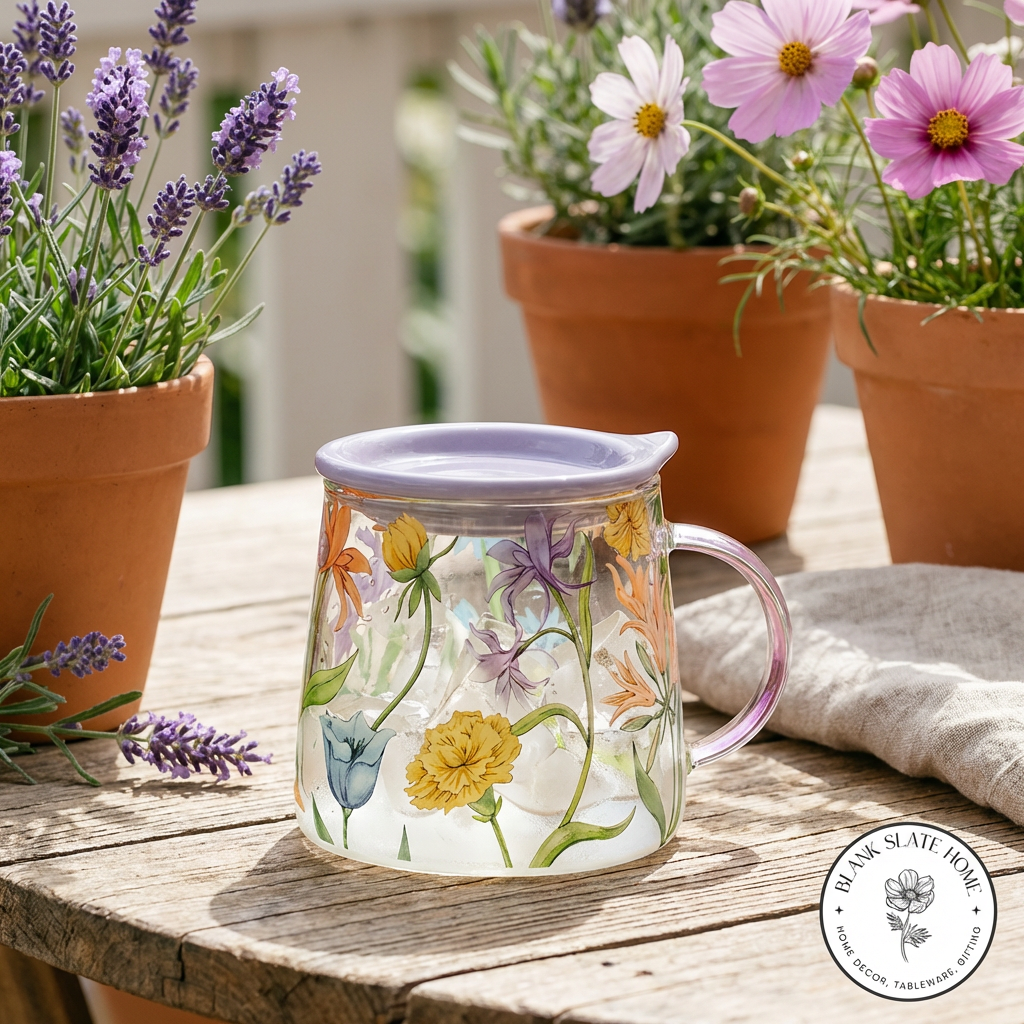 Glass Borosilicate - Tea Coffee Water Mug with Lid, Set of 2 - Floral Printed - Wild Flower