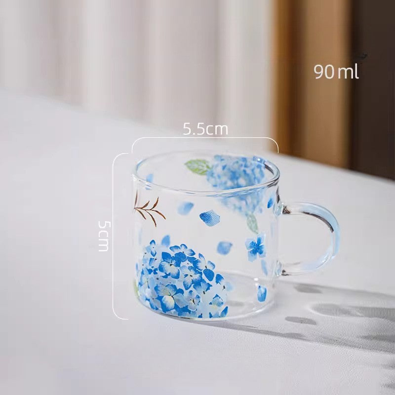 Glass Borosilicate - Tea Coffee Water Cup 90ml, Set of 2 - Floral Printed - Hydrangea Blue