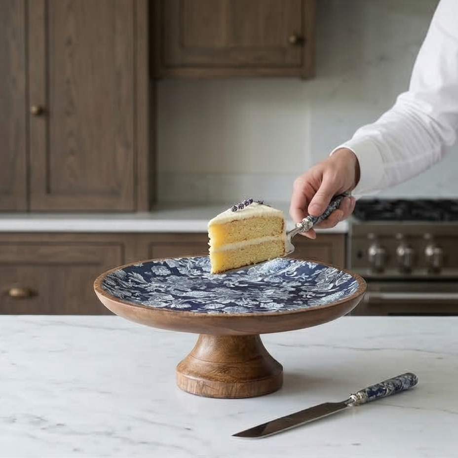 Cake Stand with Knife &amp; Server Set (Large) - Argentine Blue