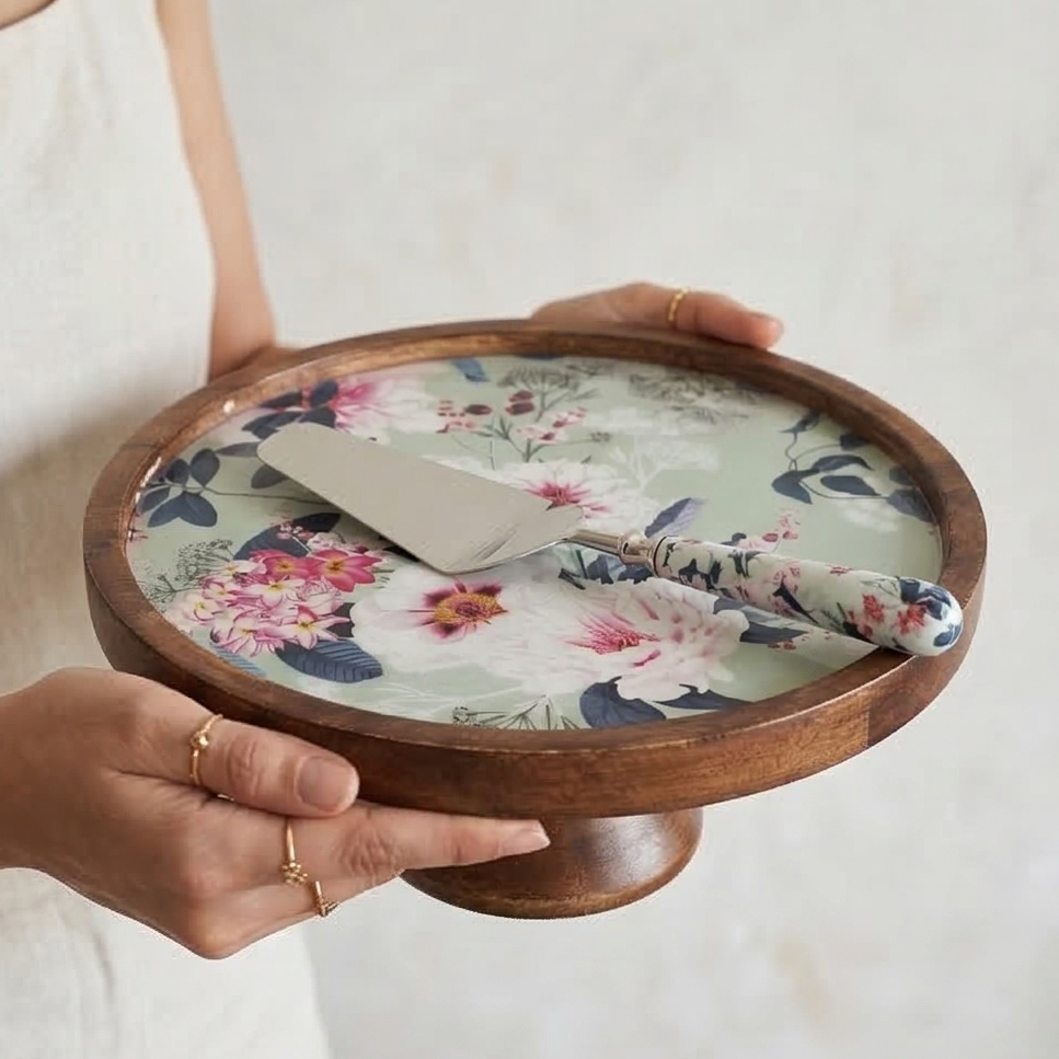 Cake Stand (Flat) with Matching Server (Medium) - Alice in Wonderland (Mint)