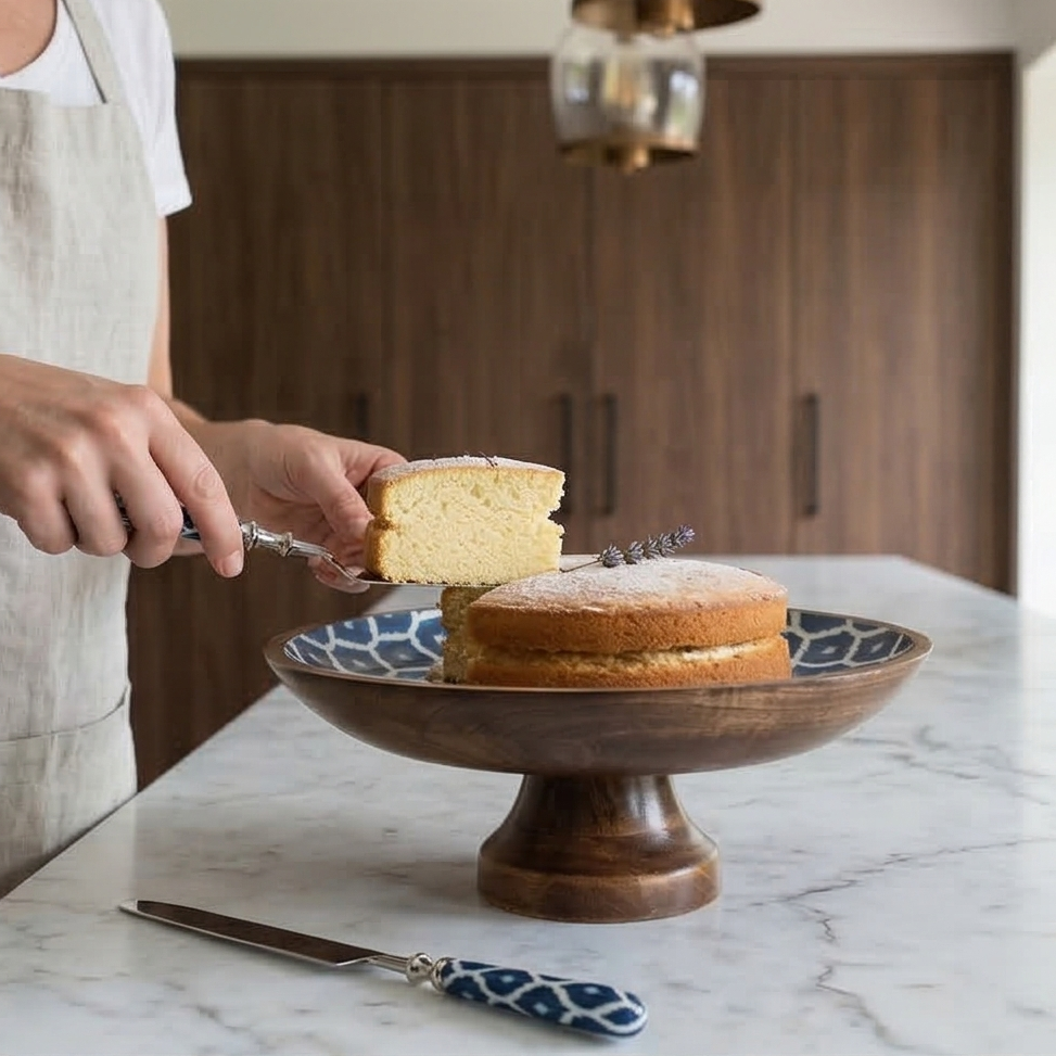 Cake Stand with Knife &amp; Server Set (Large) - Blue &amp; White Ikat