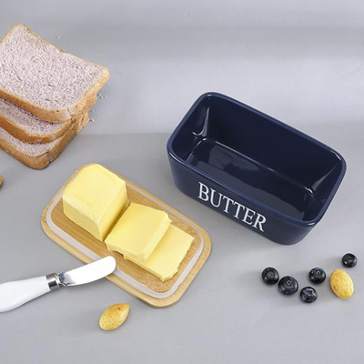 Ceramic - Container - Butter Dish with Bamboo Lid & Knife - 350ml - Blue