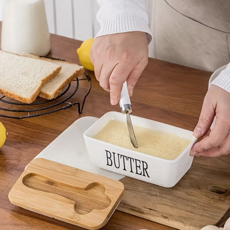 Ceramic - Container - Butter Dish with Bamboo Lid & Knife - 350ml - White
