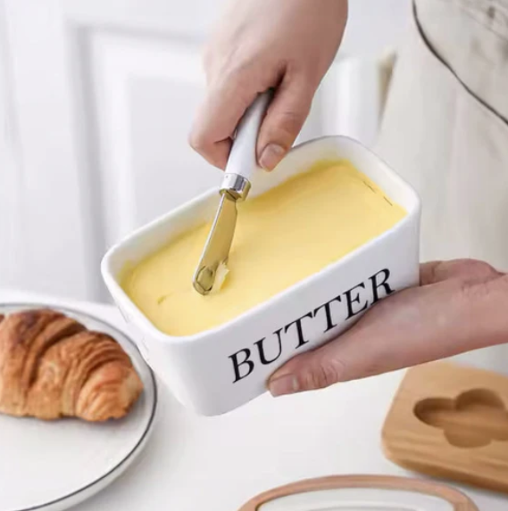 Ceramic - Container - Butter Dish with Bamboo Lid & Knife - 350ml - White